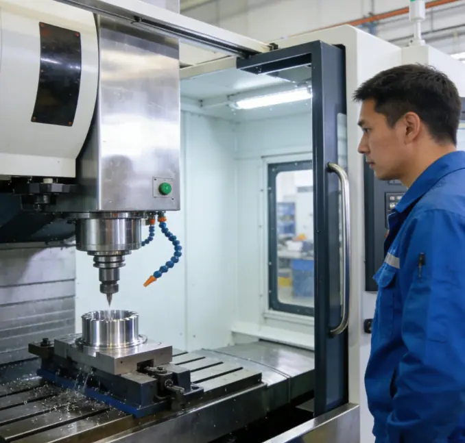 Workers are watching CNC machines process parts